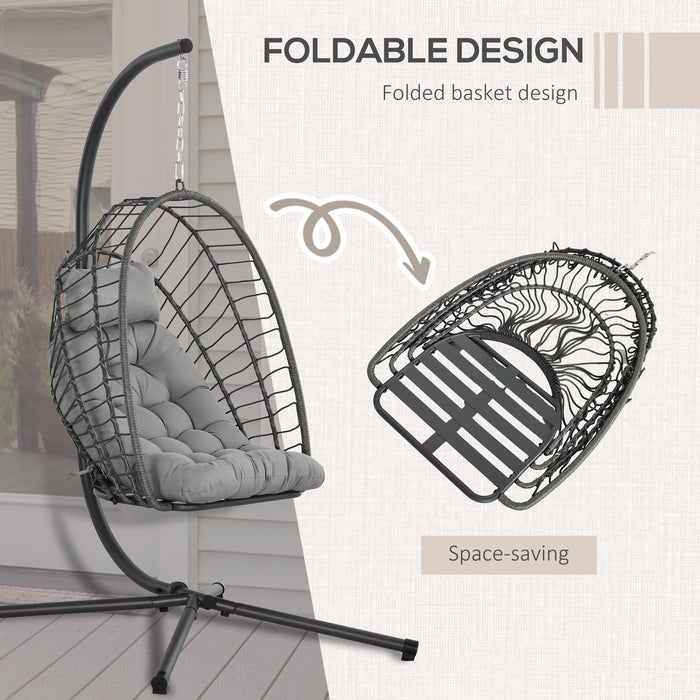 Foldable Rattan Swing Chair with Cushion - Durable Outdoor Patio Hanging Egg Chair with Metal Stand and Headrest - Comfortable Lounging for Deck, Garden or Balcony