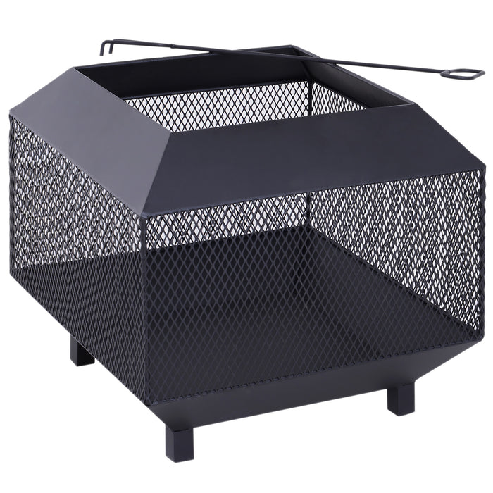 Outdoor Metal Square Fire Pit with Mesh Lid & Accessories - Sturdy Brazier with Log Grate and Poker for Backyard and Camping - Ideal Wood Burning Stove for Outdoor Entertainment, 44x44x40cm, Black