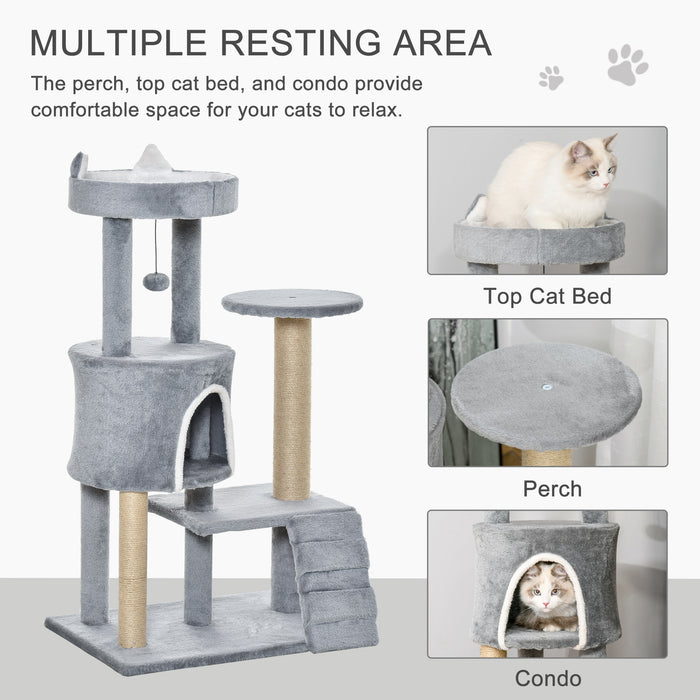 Cat Tree Tower Condo - 100cm Multi-Level Playhouse with Climbing Ladder, Scratching Post & Hanging Toy Ball - Ideal for Exercise and Relaxation for Cats in Light Grey