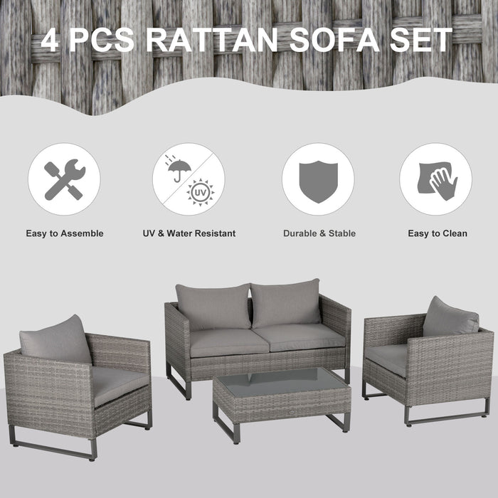 4-Seater Rattan Dining Ensemble - PE Wicker Outdoor Patio Furniture Set with Glass Top Table & Cushions - Elegant Grey Design for Garden Entertaining