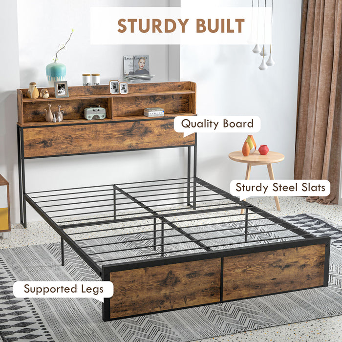 Industrial King Bed Frame - 5.2FT Sturdy Steel Construction with Headboard and Footboard - Rustic Brown with Ample Under-Bed Storage Space for Bedroom Organization