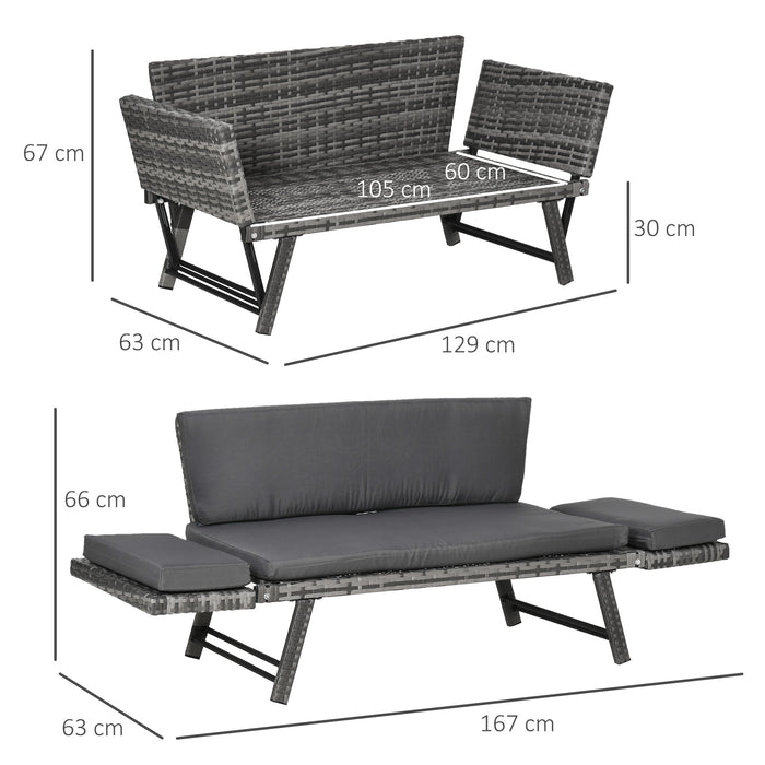 Rattan Folding Daybed Sofa Bench - 2-Seater Garden Chaise Lounge with Cushion, Outdoor Loveseat, Grey - Ideal for Patio Relaxation and Comfort