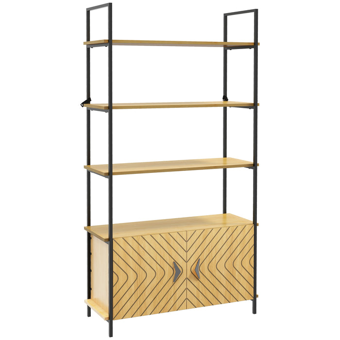 4-Tier Industrial Bookshelf with Cabinet - Oak-Toned Shelving Unit with Metal Frame and Double Doors - Versatile Storage for Living Room or Bedroom