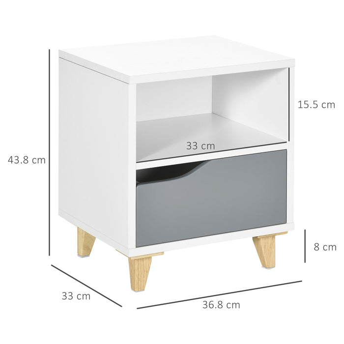 Modern White & Grey Bedside Table with Drawer and Shelf - Chic Side End Table with Sturdy Wooden Legs, 36.8cm x 33cm x 43.8cm - Ideal for Bedroom Organization and Style Enhancement