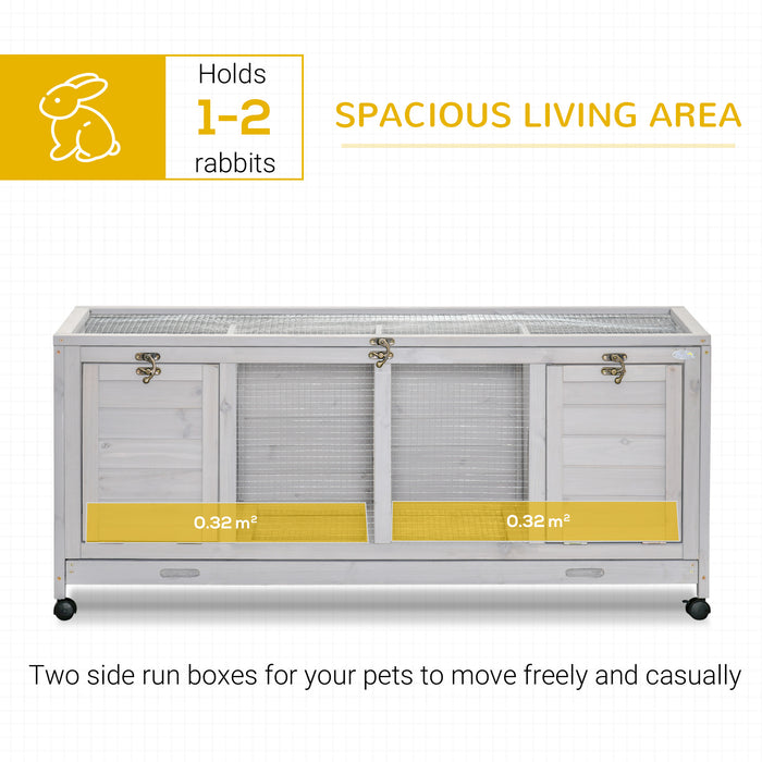 Mobile Wooden Rabbit Hutch with Detachable Bunny Run - Wheeled Guinea Pig Cage with Slide-out Tray, 138x53x61cm - Ideal for Small Pet Shelter & Easy Mobility in Light Grey