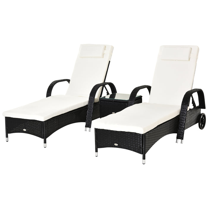 Patio Lounge Chair Set with Wheels - 3-Piece PE Rattan Recliner Daybed & Side Table with Cushions, Black - Ideal for Garden Relaxation and Outdoor Entertaining