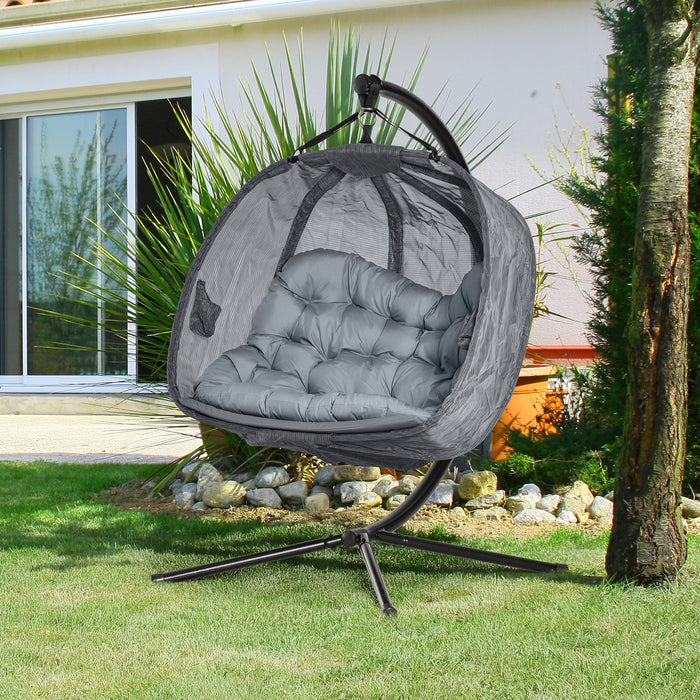 Double Hanging Egg Chair with Stand - 2-Person Swing Hammock with Cushion, Foldable - Ideal for Indoor & Outdoor Relaxation, Grey