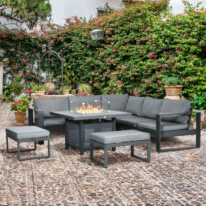 6-Piece Aluminum Garden Lounge Set - Outdoor Corner Sofa, Loveseat & Footstool with Gas Fire Pit Table - Cozy Yard & Patio Furniture Arrangement in Grey