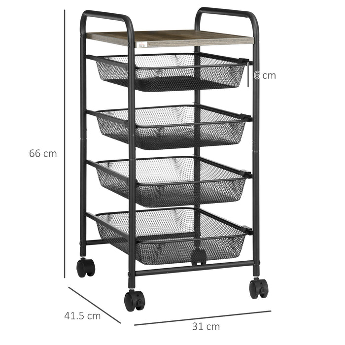 Rolling Utility Serving Cart with 4 Mesh Trays - Mobile Storage Solution for Kitchen & Living Room - Space-Saving Organizer with Wheels for Home Use