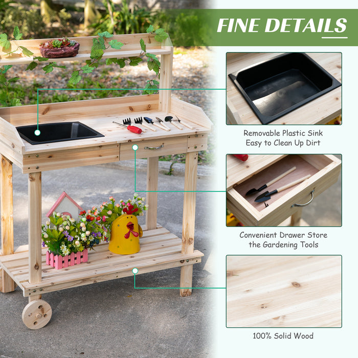 Outdoor Garden Potting Bench - Wooden Work Station with Wheels, Sink, Drawer & Ample Storage - Ideal for Gardeners & Planting Enthusiasts