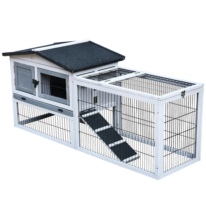 Two-Level Fir Wood Small Animal Hutch with Ramp - Burnt Grey Finish and Dual-Layer Living Space - Ideal for Rabbits and Guinea Pigs