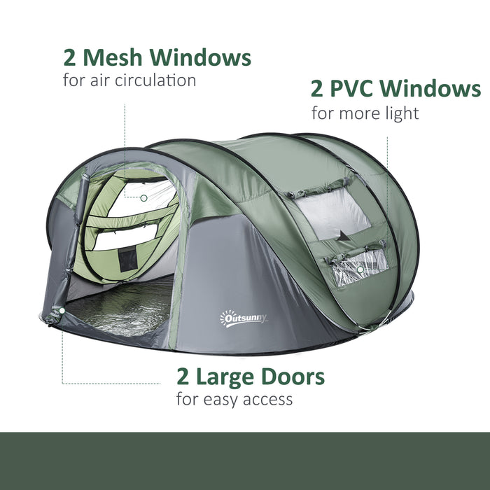 Family-Sized Pop-up Tent for 4-5 People - Waterproof Camping Shelter with Mesh and PVC Windows - Convenient Portable Design for Outdoor Trips in Dark Green