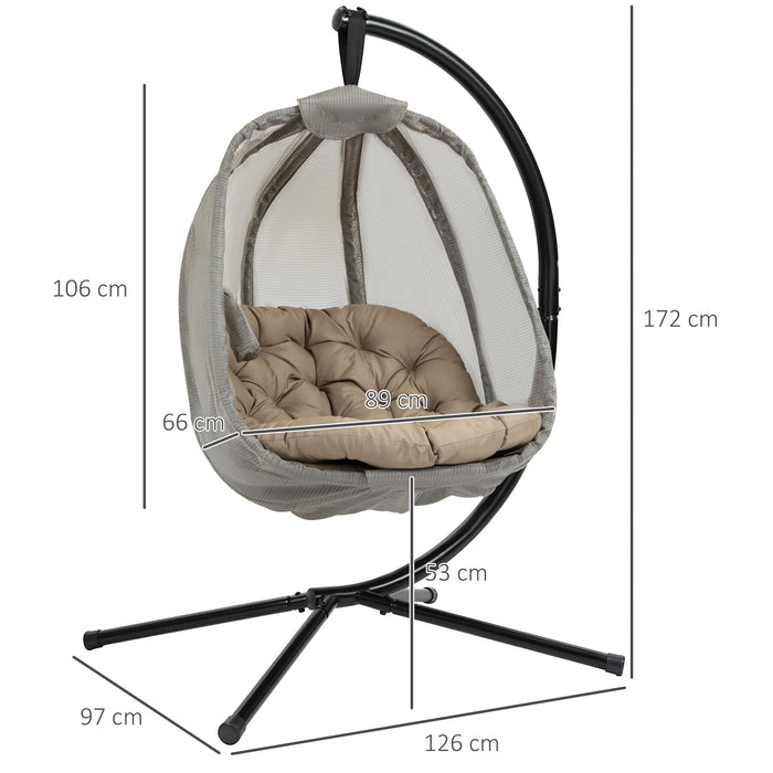 Folding Swing Hammock Egg Chair with Stand - Cushioned Indoor/Outdoor Hanging Chair for Patio & Garden - Comfortable Relaxation Khaki Lounger