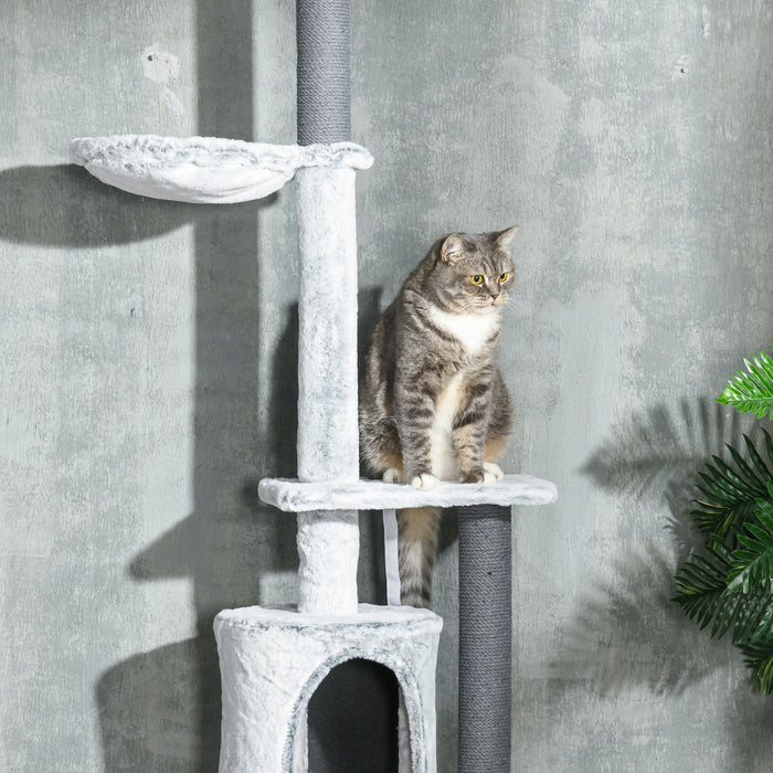 Height-Adjustable Cat Tower - 255cm Floor-Ceiling Tree, Scratching Posts, Hammock, Cozy House, Sturdy with Anti-tip Kit, Perches & Toys - Ideal for Climbing & Lounging Felines