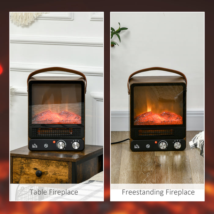 Portable Tabletop Electric Fireplace Heater - Realistic Flame, Overheat Protection, Adjustable 750/1500W Settings - Cozy Ambiance for Indoor Use in Dark Walnut Finish