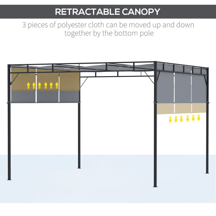 Steel Pergola Gazebo 3x3m - Garden Shelter with Retractable Roof Canopy, Dark Grey - Ideal for Outdoor Patio Relaxation and Entertaining