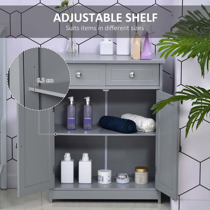 Free-Standing Bathroom Storage Cabinet with Adjustable Shelf - 2 Drawer Traditional Style Unit with Cupboard & Handles, 75x60cm, Grey - Ideal for Organizing Toiletries and Linens