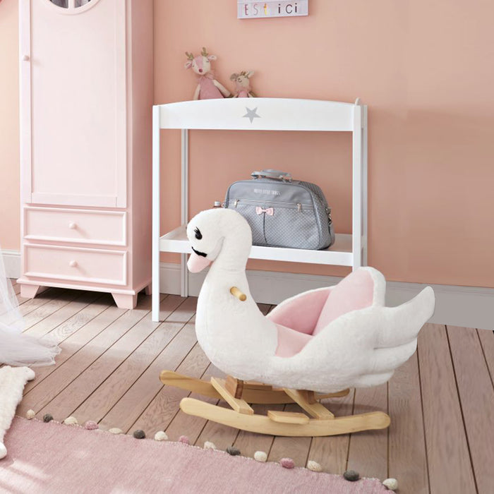 Swan-Themed Rocking Horse - Wooden Kids' Ride-On with Plush Finish and Musical Features - Perfect for Toddler Entertainment and Play