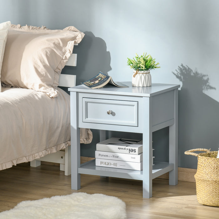 Classic Grey Nightstand with Drawer and Open Shelf - Sturdy Bedside End Table with Metal Handle - Elegant Bedroom Storage Solution