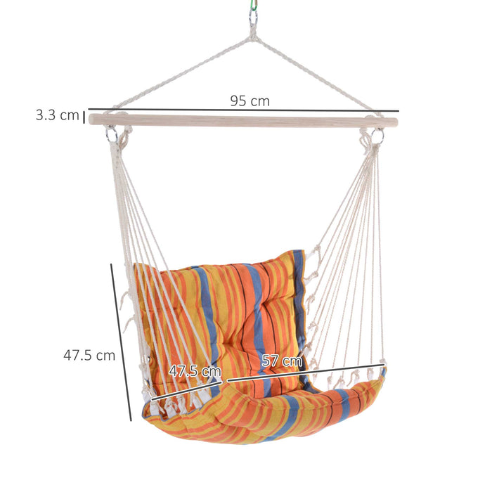 Cotton Rope Hammock Chair with Cushions - Cozy Swing Seat for Garden, Yard, and Patio, Wooden and Cloth Construction - Ideal for Outdoor Relaxation, Orange Color