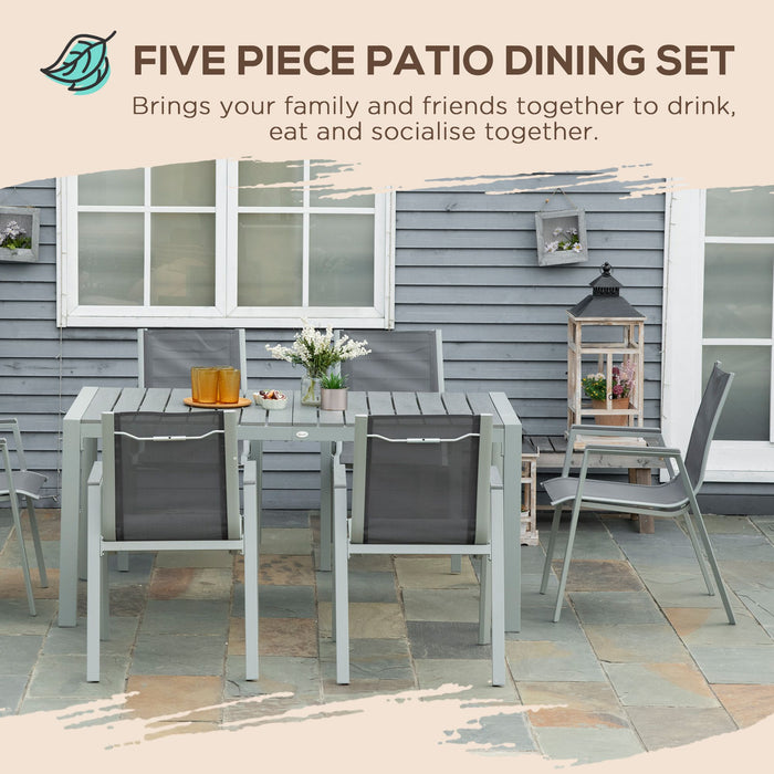 7-Piece Patio Dining Ensemble - Aluminum Frame with Wood Grain Plastic Tabletop & Mesh Fabric Armchairs in Light Grey - Ideal for Outdoor Family Dinners and Gatherings