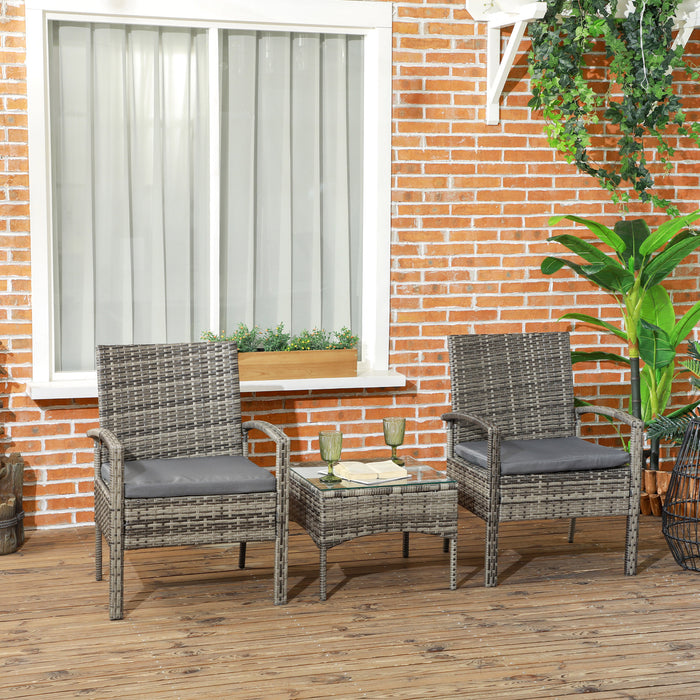 Outdoor Rattan Bistro Set - 3-Piece Patio Wicker with Coffee Table and Cushioned Chairs, Mixed Grey - Ideal for Balcony and Conservatory Spaces