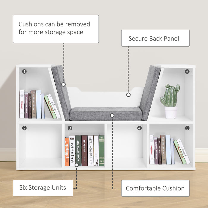 Storage Seat Bookcase with Cushion - Multi-Functional Shelf for Kids' Reading Nook, Sideboard Organizer for Bedroom and Living Room - White Kids Furniture for Organized and Comfortable Space