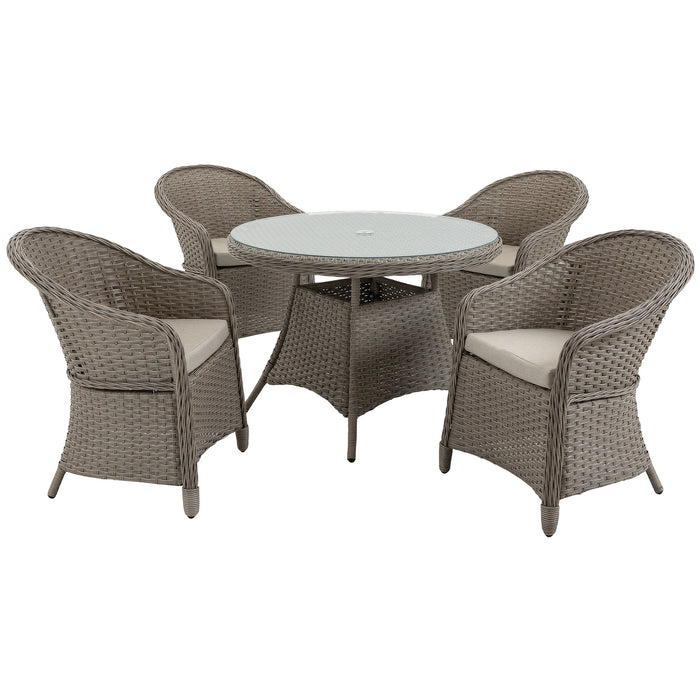 Outdoor PE Rattan 5-Piece Dining Set - 4 Comfortable Chairs & Round Table with Umbrella Hole, Mixed Grey - Ideal for Garden Patio Seating