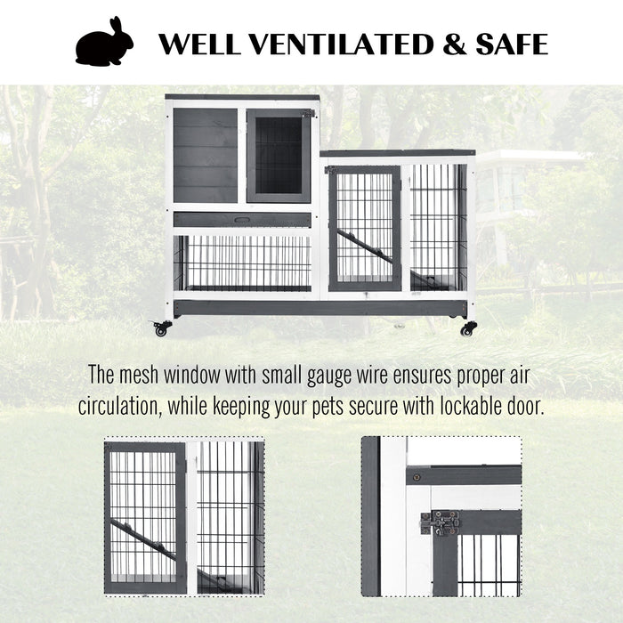 Elevated Wooden Guinea Pig Hutch with Enclosed Run - Wheeled Indoor Cage for Small Pets in Grey and White - Perfect Habitat for Rabbits and Guinea Pigs