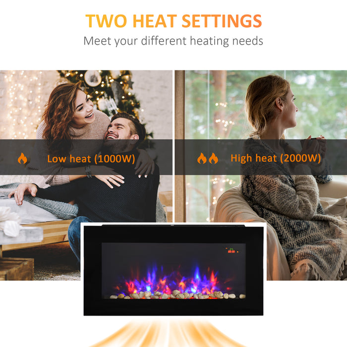 1000W/2000W LED Electric Fireplace - Wall-Mounted Home Heater with Faux Flame, Automatic Remote, Backlight, and Timer - Sleek and Stylish Heating for Modern Interiors