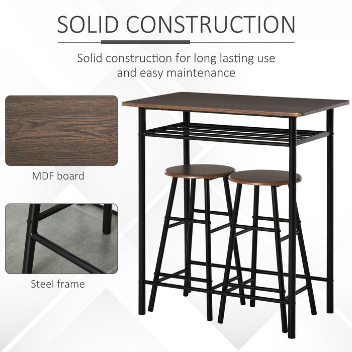 Bar Table and Stools Combo - Industrial Style Set with Storage Shelf and Metal Frame Footrest - Perfect for Kitchen, Dining Room, Pub, or Cafe Spaces in Black and Oak