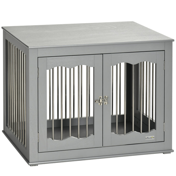 Three-Door Medium Dog Crate End Table - Furniture-Style Pet Crate with Secure Locks & Latches, Grey Finish - Ideal for Pet Confinement & Home Décor