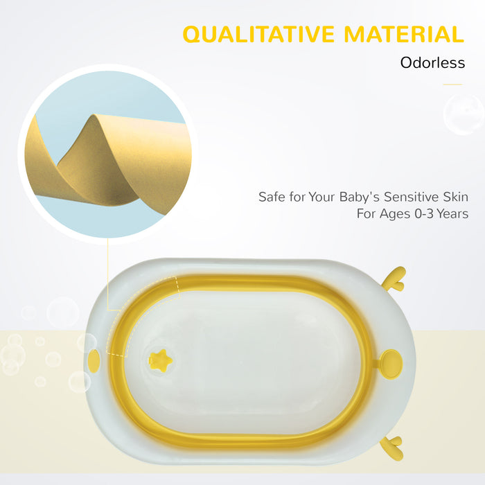 Foldable Ergonomic Baby Bath Tub with Cushion - Temperature-Sensitive Plug, Non-Slip Legs, Portable Design - Ideal for Infants 0-3 Years, Sunny Yellow