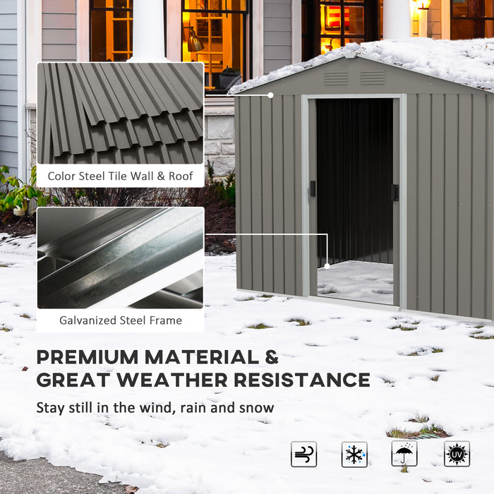 Metal Garden Storage Shed 8x6ft - Outdoor Tool House with Ventilation & Sliding Doors, Light Grey Finish - Ideal for Secure Yard Equipment Organization