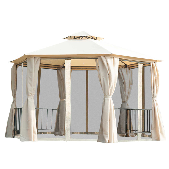 Hexagon Gazebo Canopy Party Tent - Outdoor Garden Shelter with 2-Tier Roof, Side Panel, Beige - Perfect for Events & Gatherings