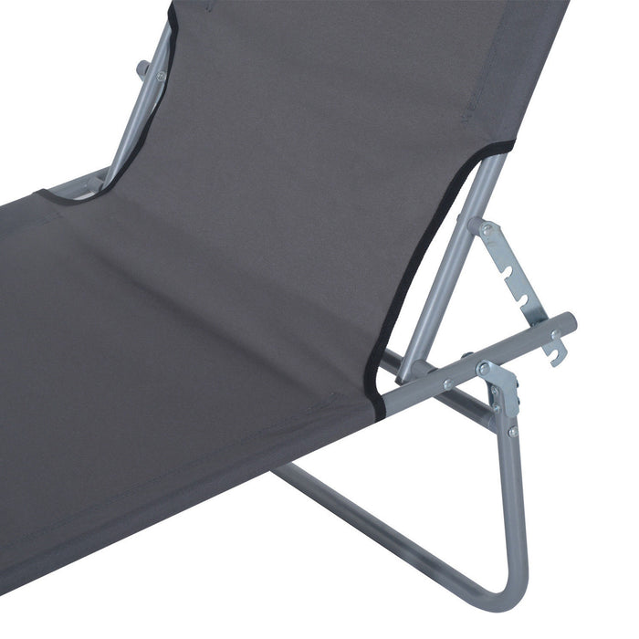 Folding Sun Lounger with Shade Awning - Adjustable Reclining Chair for Beach and Garden - Grey Outdoor Patio Recliner for Sunbathing and Relaxation