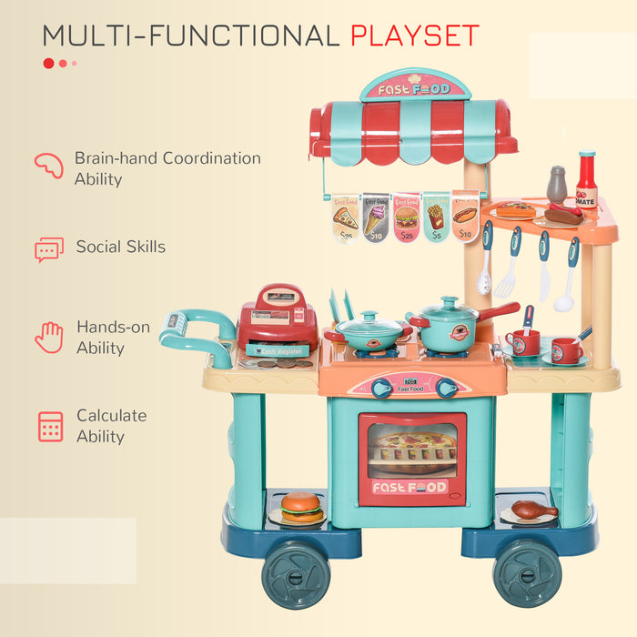 Kids Kitchen Playset Trolley with Accessories - 50 Pcs Child-Friendly Fast Food Cart with Play Food, Money, and Cash Register - Imaginative Play Gift for Ages 3-6