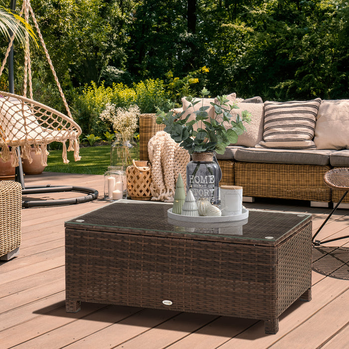 Rattan Outdoor Coffee Table with Tempered Glass Top - Mixed Brown Patio Furniture for Garden & Deck - Elegant Entertaining and Relaxation Piece