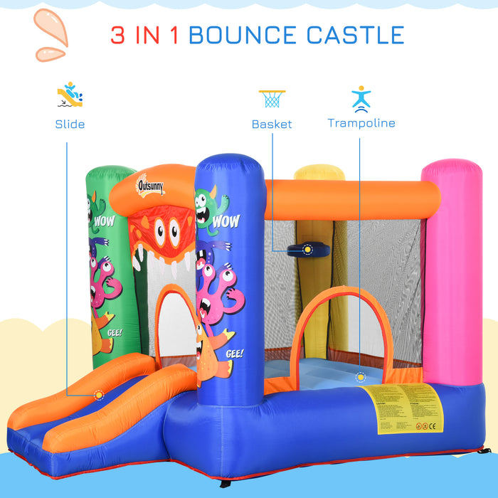 Monster Bounce Castle Inflatable Trampoline - Kids Slide, Basketball Hoop, Blower Included, 2.5m x 1.8m x 1.75m - Ideal for Children Ages 3-8, Multicolored Outdoor Fun