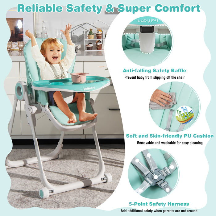 Folding Baby High Chair - Portable, Lockable Wheels, Detachable Trays & Cushioned - Ideal for Convenient and Comfortable Baby Feeding