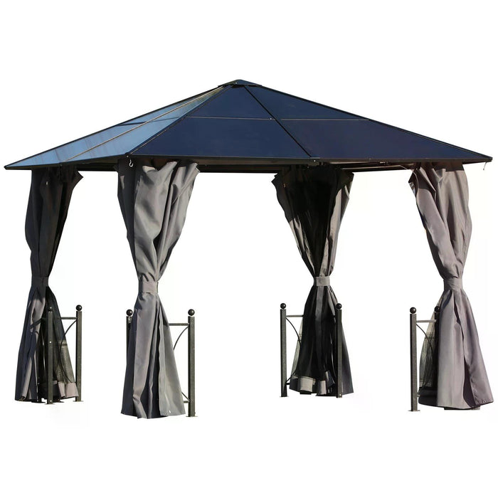 Hardtop Gazebo Canopy with Polycarbonate Roof 3 x 3m - Steel & Aluminium Garden Pavilion, Mosquito Netting and Curtains in Black - Ideal Outdoor Shelter for Entertainment and Relaxation