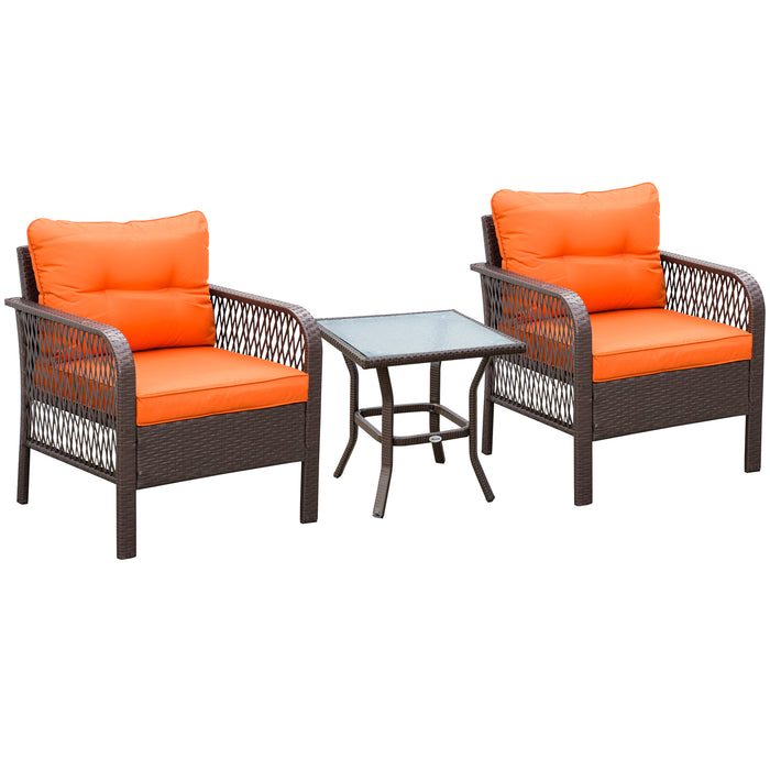 Outdoor 3-Piece PE Rattan Bistro Set - Wicker Armrest Chairs with Thick Padded Cushions and Coffee Table - Cozy Garden Patio Conversation Furniture, Orange