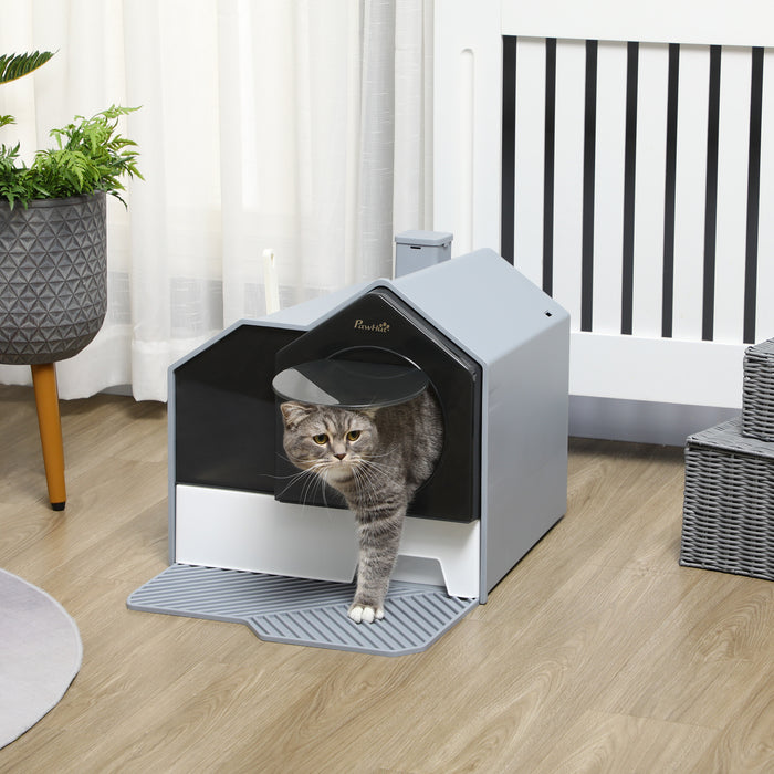 Hooded Cat Litter Box with Scoop - Drawer Pan, Hut Design & Deodorant Features, 47x45x42 cm in Grey - Easy Clean Solution for Cat Owners