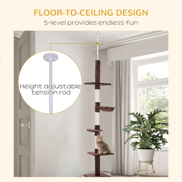 5-Tier Floor to Ceiling Cat Tree - Tall Climbing Activity Center with Scratching Post, Adjustable 230-260cm - Ideal for Playful Cats and Kittens