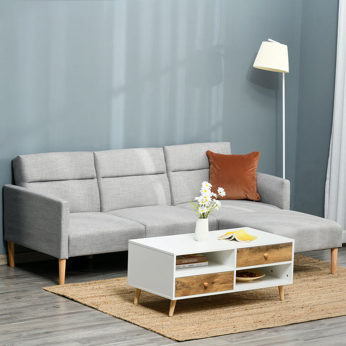 Linen Fabric L-Shaped Sofa Bed Set with Rubber Wood Legs - Corner Couch with Extra Footstool, Light Grey - Ideal for Comfort and Space-Saving Living Room Furniture