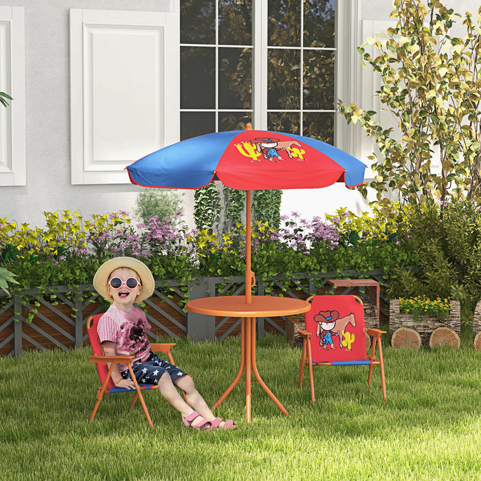 Cowboy-Themed Kids Picnic Table and Chair Set - Adjustable & Foldable Outdoor Garden Furniture with Parasol - Perfect for Children's Al Fresco Dining and Play