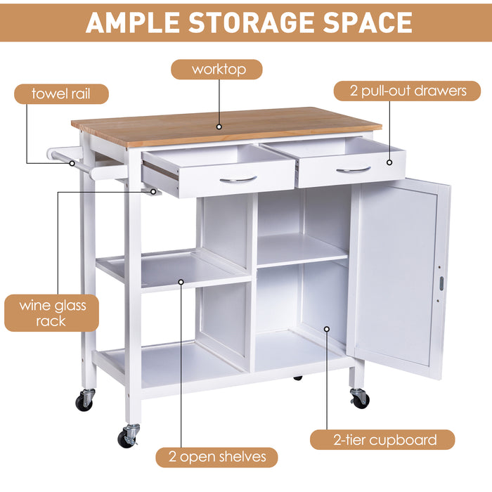 Kitchen Storage Trolley with Wheels - Rolling Cart with Shelves, Drawers, Towel Rail, and Wine Glass Rack - White Island Cupboard with Pine Wood Worktop for Space-Saving Organization