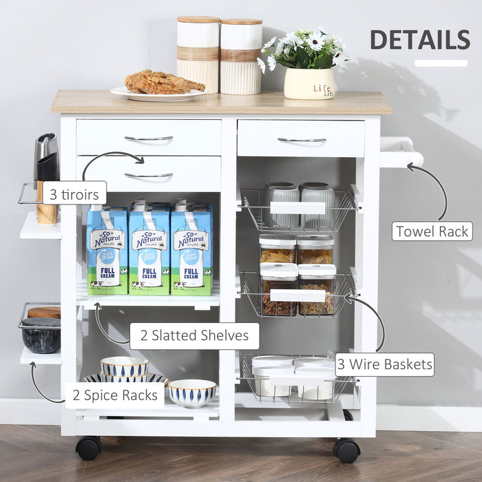 Kitchen Island Trolley Cart with Wheels - Spice Racks, Towel Holder, Baskets, and Storage Drawers - Versatile Organizer for Dining and Living Spaces