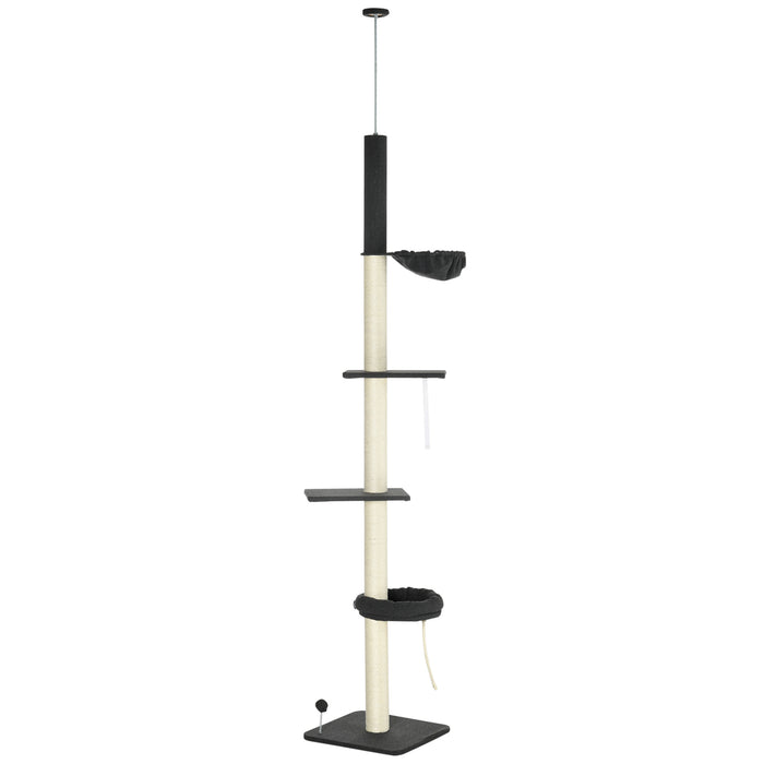 Floor-to-Ceiling 5-Tier Cat Tower - Adjustable Height Multi-Level Climbing Tree with Scratching Posts, Black - Ideal for Active Cats and Kittens