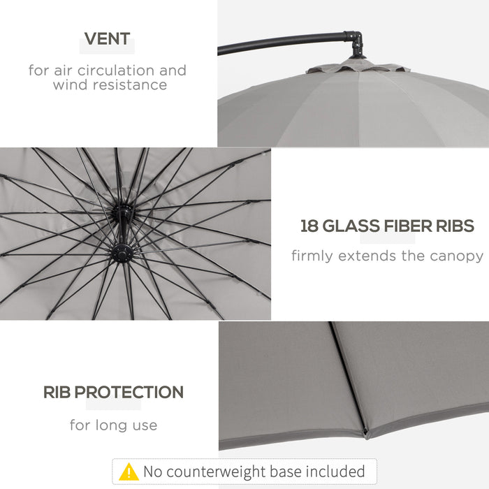 Cantilever Banana Sun Umbrella with Crank Handle - 3m Wide, 18 Ribs, Cross Base in Sleek Grey - Ideal Shade Solution for Outdoor Garden and Patio Use